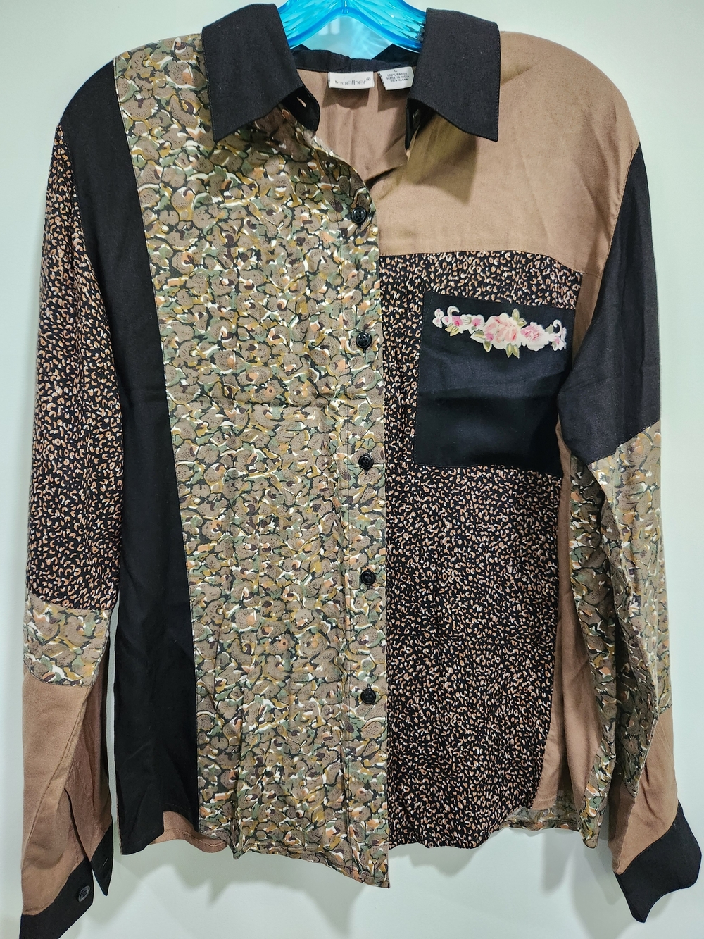 Together Patchwork Button-Down Shirt in Black and Tan